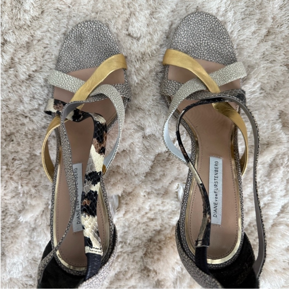 Diane Von Furstenberg Gold and Cream Strappy Heels PVC Heel - Picture 2 of 7